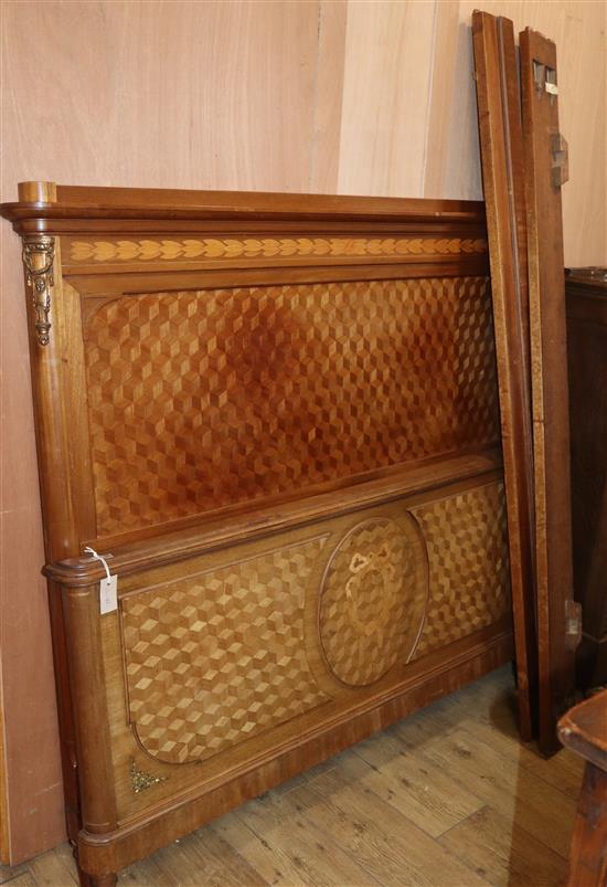 A French parquetry inlaid walnut bed frame W.5ft